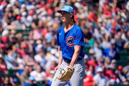 Mar 16, 2024; Tempe, Arizona, USA; Chicago Cubs pitcher Ben Brown (86) on the mound in the first during a spring training game against the Los Angeles Angels at Tempe Diablo Stadium. Mandatory Credit: Allan Henry-USA TODAY Sports