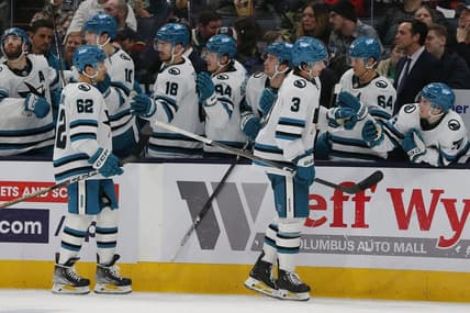 Mar 16, 2024; Columbus, Ohio, USA; San Jose Sharks defenseman Henry Thrun (3) celebrates his goal against the Columbus Blue Jackets during the third period at Nationwide Arena. Mandatory Credit: Russell LaBounty-USA TODAY Sports