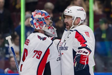 Mar 16, 2024; Vancouver, British Columbia, CAN; Washington Capitals goalie Charlie Lindgren (79) and forward Alex Ovechkin (8) celebrate their victory against the Vancouver Canucks at Rogers Arena. Washington won 2 -1. Mandatory Credit: Bob Frid-USA TODAY Sports