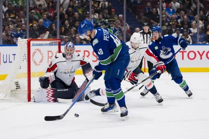 Mar 16, 2024; Vancouver, British Columbia, CAN; Vancouver Canucks forward Elias Pettersson (40) handles the puck against the Washington Capitals in the third period at Rogers Arena. Washington won 2 -1. Mandatory Credit: Bob Frid-USA TODAY Sports