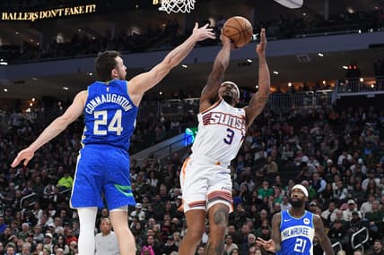 Mar 17, 2024; Milwaukee, Wisconsin, USA; Phoenix Suns guard Bradley Beal (3) drives to the basket against Milwaukee Bucks guard Pat Connaughton (24) in the second half at Fiserv Forum. Mandatory Credit: Michael McLoone-USA TODAY Sports