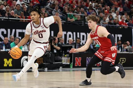 Mar 17, 2024; Minneapolis, MN, USA; Illinois Fighting Illini guard Terrence Shannon Jr. (0) plays the ball in the second half against the Wisconsin Badgers at Target Center. Mandatory Credit: Matt Krohn-USA TODAY Sports