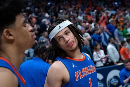 Florida Gators guard Walter Clayton Jr. (1) consoles teammate guard Zyon Pullin (0) after losing to Auburn in the SEC Men's Basketball Tournament Championship game at Bridgestone Arena in Nashville, Tenn., Sunday, March 17, 2024 at Bridgestone Arena in Nashville, Tenn., Sunday, March 17, 2024.