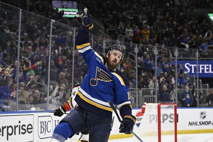 Mar 17, 2024; St. Louis, Missouri, USA; St. Louis Blues right wing Kevin Hayes (12) reacts after scoring a goal against the Anaheim Ducks during the second period at Enterprise Center. Mandatory Credit: Jeff Le-USA TODAY Sports