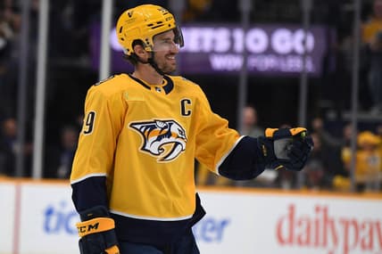 Mar 19, 2024; Nashville, Tennessee, USA; Nashville Predators defenseman Roman Josi (59) celebrates after scoring during the first period against the San Jose Sharks at Bridgestone Arena. Mandatory Credit: Christopher Hanewinckel-USA TODAY Sports
