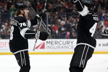 Mar 19, 2024; Los Angeles, California, USA;  Los Angeles Kings right wing Alex Laferriere (78) celebrates with defenseman Jacob Moverare (43) after scoring a goal against Chicago Blackhawks during the first period at Crypto.com Arena. Mandatory Credit: Kiyoshi Mio-USA TODAY Sports