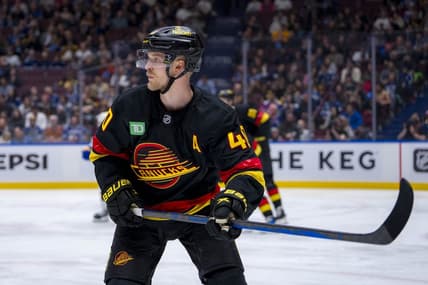 Mar 19, 2024; Vancouver, British Columbia, CAN; Vancouver Canucks forward Elias Pettersson (40) skates against the Buffalo Sabres in the second period at Rogers Arena. Mandatory Credit: Bob Frid-USA TODAY Sports