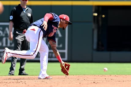 Mar 20, 2024; North Port, Florida, USA; Atlanta Braves shortstop Orlando Arcia (11) fields a ground ball in the second inning of a spring training game against the Toronto Blue Jays  at CoolToday Park. Mandatory Credit: Jonathan Dyer-USA TODAY Sports