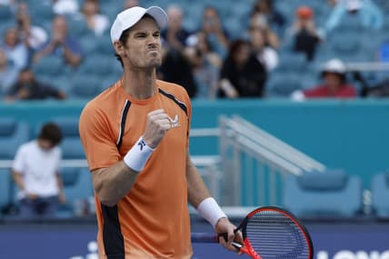 Mar 20, 2024; Miami Gardens, FL, USA; Andy Murray (GBR) celebrates after match point against Matteo Berrettini (ITA) (not pictured) on day three of the  Miami Open at Hard Rock Stadium. Mandatory Credit: Geoff Burke-USA TODAY Sports