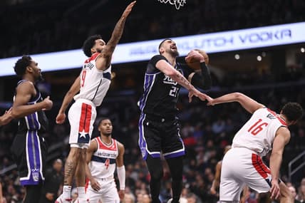 Mar 21, 2024; Washington, District of Columbia, USA;  a21 reacts after being fouled by Washington Wizards forward Anthony Gill (16) during the first half at Capital One Arena. Mandatory Credit: Tommy Gilligan-USA TODAY Sports