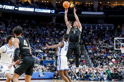 Mar 21, 2024; Pittsburgh, PA, USA; Oakland Golden Grizzlies guard Jack Gohlke (3) jump to score a three pointer during the second half in the first round of the 2024 NCAA Tournament at PPG Paints Arena. Mandatory Credit: Charles LeClaire-USA TODAY Sports