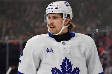 Mar 19, 2024; Philadelphia, Pennsylvania, USA; Toronto Maple Leafs defenseman Simon Benoit (2) against the Philadelphia Flyers at Wells Fargo Center. Mandatory Credit: Eric Hartline-USA TODAY Sports