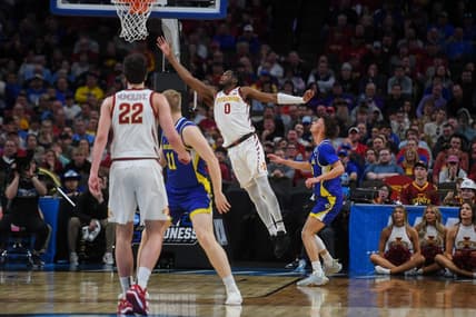 Iowa State Cyclones forward Tre King (0) jumps for the lay up during the second half on Thursday, March 21, 2024 at the CHI Health Center in Omaha, Nebraska.