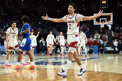 Mar 21, 2024; Omaha, NE, USA; Washington State Cougars guard Myles Rice (2) celebrates after defeating the Drake Bulldogs in the first round of the 2024 NCAA Tournament at CHI Health Center Omaha. Mandatory Credit: Steven Branscombe-USA TODAY Sports