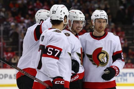 Mar 23, 2024; Newark, New Jersey, USA; Ottawa Senators right wing Drake Batherson (19) celebrates his goal against the New Jersey Devils during the third period at Prudential Center. Mandatory Credit: Ed Mulholland-USA TODAY Sports