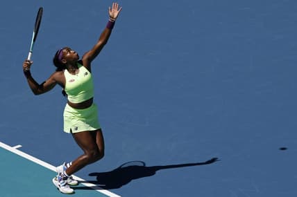 Mar 24, 2024; Miami Gardens, FL, USA; Coco Gauff (USA) serves against Ocean Dodin (FRA) (not pictured) on day seven of the Miami Open at Hard Rock Stadium. Mandatory Credit: Geoff Burke-USA TODAY Sports