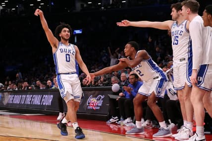 Mar 24, 2024; Brooklyn, NY, USA; Duke Blue Devils guard Jared McCain (0) reacts against the James Madison Dukes in the second round of the 2024 NCAA Tournament  at Barclays Center. Mandatory Credit: Brad Penner-USA TODAY Sports