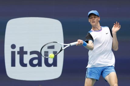 Mar 24, 2024; Miami Gardens, FL, USA; Jannik Sinner (ITA) hits a forehand against Tallon Griekspoor (NED)(not pictured) on day seven of the Miami Open at Hard Rock Stadium. Mandatory Credit: Geoff Burke-USA TODAY Sports
