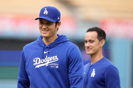 Mar 25, 2024; Los Angeles, California, USA; Los Angeles Dodgers designated hitter Shohei Ohtani (left) and interpreter Will Ireton before the game against the Los Angeles Angels at Dodger Stadium. Mandatory Credit: Kirby Lee-USA TODAY Sports