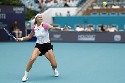 Mar 26, 2024; Miami Gardens, FL, USA; Victoria Azarenka hits a forehand against Yulia Putintseva (KAZ) (not pictured) on day nine of the Miami Open at Hard Rock Stadium. Mandatory Credit: Geoff Burke-USA TODAY Sports