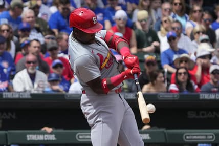 Mar 26, 2024; Mesa, Arizona, USA; St. Louis Cardinals right fielder Jordan Walker (18) hits against the Chicago Cubs in the first inning at Sloan Park. Mandatory Credit: Rick Scuteri-USA TODAY Sports