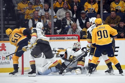 Mar 26, 2024; Nashville, Tennessee, USA; Nashville Predators defenseman Roman Josi (59) scores the game-winning goal against Vegas Golden Knights goaltender Jiri Patera (30) in overtime at Bridgestone Arena. Mandatory Credit: Christopher Hanewinckel-USA TODAY Sports