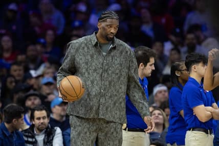 Mar 27, 2024; Philadelphia, Pennsylvania, USA; Injured Philadelphia 76ers center Joel Embiid dribbles the ball during a timeout in the second quarter against the LA Clippers at Wells Fargo Center. Mandatory Credit: Bill Streicher-USA TODAY Sports
