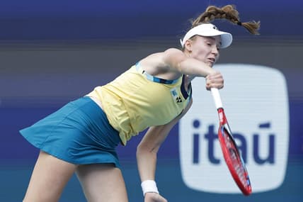 Mar 28, 2024; Miami Gardens, FL, USA; Elena Rybakina(KAZ) serves against Victoria Azarenka (not pictured) on day eleven of the Miami Open at Hard Rock Stadium. Mandatory Credit: Geoff Burke-USA TODAY Sports