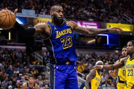 Mar 29, 2024; Indianapolis, Indiana, USA; Los Angeles Lakers forward LeBron James (23) passes the ball  in the second half against the Indiana Pacers at Gainbridge Fieldhouse. Mandatory Credit: Trevor Ruszkowski-USA TODAY Sports