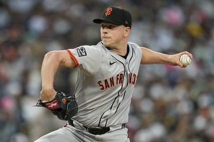Mar 29, 2024; San Diego, California, USA; San Francisco Giants starting pitcher Kyle Harrison (45) throws a pitch against the San Diego Padres during the first inning at Petco Park. Mandatory Credit: Ray Acevedo-USA TODAY Sports