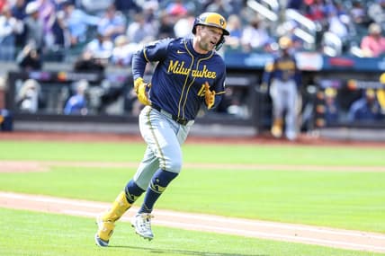 Mar 30, 2024; New York City, New York, USA;  Milwaukee Brewers designated hitter Rhys Hoskins (12) reacts after hitting a two run home run in the third inning New York Mets at Citi Field. Mandatory Credit: Wendell Cruz-USA TODAY Sports