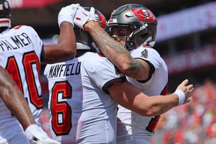 Tampa Bay Buccaneers' Baker Mayfield, Mike Evans