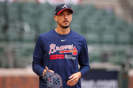 Oct 6, 2023; Atlanta, GA, USA; Atlanta Braves starting pitcher Charlie Morton (50) during a workout before the NLDS against the Philadelphia Phillies at Truist Park. Mandatory Credit: Brett Davis-USA TODAY Sports