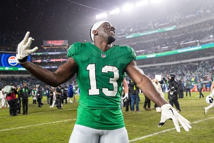 Nov 26, 2023; Philadelphia, Pennsylvania, USA; Philadelphia Eagles wide receiver Olamide Zaccheaus (13) reacts after a victory against the Buffalo Bills at Lincoln Financial Field. Mandatory Credit: Bill Streicher-USA TODAY Sports