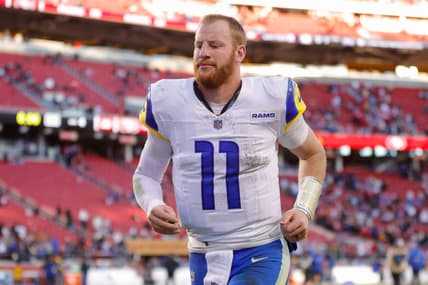 Jan 7, 2024; Santa Clara, California, USA; Los Angeles Rams quarterback Carson Wentz (11) after the game against the San Francisco 49ers at Levi's Stadium. Mandatory Credit: Sergio Estrada-USA TODAY Sports