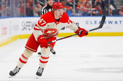 Feb 24, 2024; Edmonton, Alberta, CAN; Calgary Flames forward Connor Zary (47) against the Edmonton Oilers at Rogers Place. Mandatory Credit: Perry Nelson-USA TODAY Sports