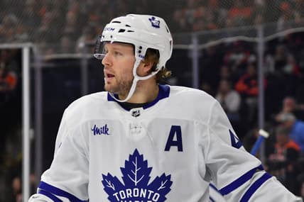 Mar 19, 2024; Philadelphia, Pennsylvania, USA; Toronto Maple Leafs defenseman Morgan Rielly (44) against the Philadelphia Flyers at Wells Fargo Center. Mandatory Credit: Eric Hartline-USA TODAY Sports