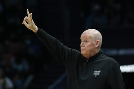 Mar 29, 2024; Charlotte, North Carolina, USA; Charlotte Hornets head coach Steve Clifford calls a play against the Golden State Warriors during the first quarter at Spectrum Center. Mandatory Credit: Nell Redmond-USA TODAY Sports