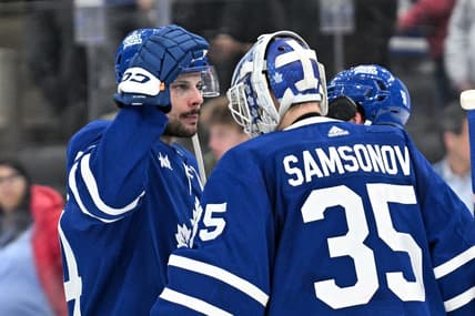 Apr 1, 2024; Toronto, Ontario, CAN; Toronto Maple Leafs forward Auston Matthews (34) greets goalie Ilya Samsonov (35) after a win over the Florida Panthers at Scotiabank Arena. Mandatory Credit: Dan Hamilton-USA TODAY Sports