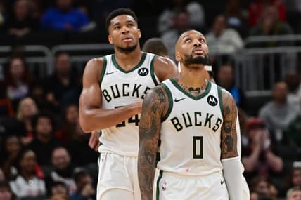 Milwaukee Bucks players Giannis Antetokounmpo and Damian Lillard