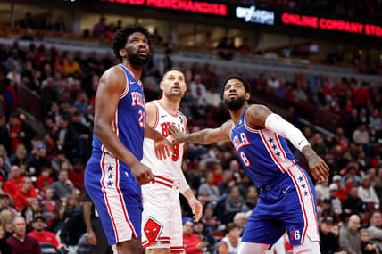 Philadelphia 76ers players Joel Embiid and Paul George