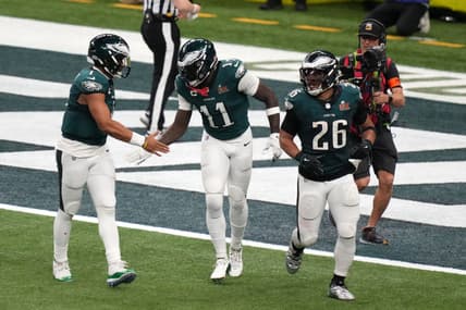 Jalen Hurts, A.J. Brown and Saquon Barkley