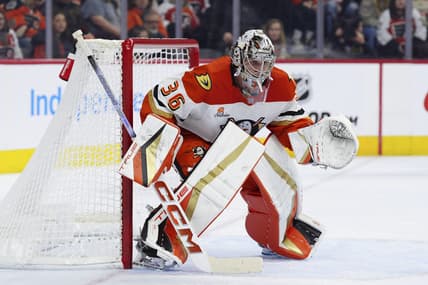 Anaheim Ducks goaltender John Gibson in action during an NHL hockey game against the Philadelphia Flyers, Saturday, Jan. 11, 2025, in Philadelphia. (AP Photo/Derik Hamilton)