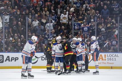 Evan Bouchard, Tyler Myers, Connor McDavid, Conor Garland, Leon Draisaitl, JT Miller, Ryan Nugent-Hopkins, Elias Pettersson, Zach Hyman