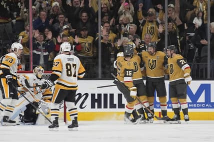 Vegas Golden Knights right wing Mark Stone, second from right, celebrates after scoring against the Pittsburgh Penguins during the third period of an NHL hockey game Friday, March 7, 2025, in Las Vegas. (AP Photo/John Locher)