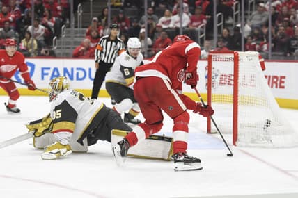 Detroit Red Wings defenseman Albert Johansson, right, skates past Vegas Golden Knights goaltender Ilya Samsonov (35) and scores a goal during the second period of an NHL hockey game, Sunday, March 16, 2025, in Detroit. (AP Photo/Jose Juarez)