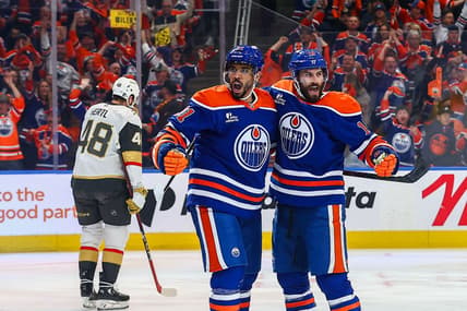 EDMONTON, AB - MAY 12: Edmonton Oilers Center Adam Henrique (19) celebrates his goal in the first period of the Stanley Cup Playoffs Second Round Edmonton Oilers game versus the Las Vegas Golden Knights on May 12, 2025 at Rogers Place in Edmonton, AB. (Photo by Curtis Comeau/Icon Sportswear)