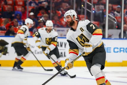 EDMONTON, AB - MAY 12: Las Vegas Golden Knights Defenceman Alex Pietrangelo (7) in action in the first period of the Stanley Cup Playoffs Second Round Edmonton Oilers game versus the Las Vegas Golden Knights on May 12, 2025 at Rogers Place in Edmonton, AB. (Photo by Curtis Comeau/Icon Sportswear)