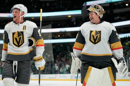 Eichel and Hill are all smiles after the VGK victory over the Stars 11/22/23, credit VGK twitter