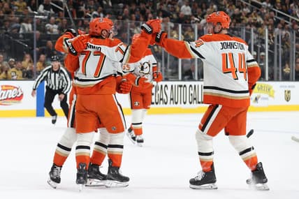 Frank Vatrano celebrates after scoring against the Vegas Golden Knights 11/8/2025 (Photo/Screenshot- Anaheim Ducks via Twitter)
